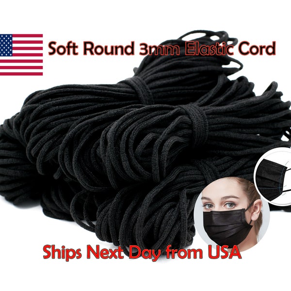 Soft Round 3mm Elastic Cord for Mask - Black Color - Fast Ship from the USA - In Stock - 1/8 Inch Earloop Cord