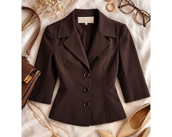 Trina Turk Brown Tailored 3/4 Sleeve Blazer Jacket Size 10 USA Made Quiet Luxury
