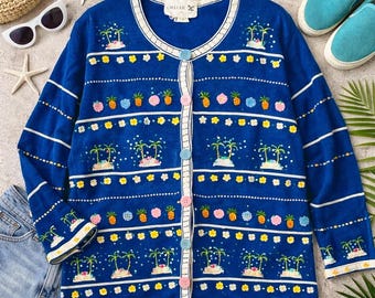 Just B Womens Blue Tropical Embroidered Sequin Cardigan Sweater XL Palm Tree