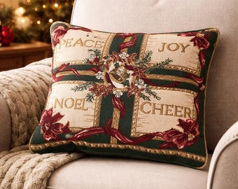 Vintage Christmas Tapestry Pillow Peace Joy Noel Cheer Red Green Gold Ribbons