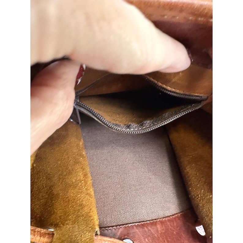 RARE Brighton geweven leren bucket bag bruine schoudertas met trekkoord Boho Y2K afbeelding 8