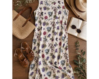 Sarah Chapman 90'sWomens 14 Floral Linen Maxi Dress Sleeveless Purple Blue Cream