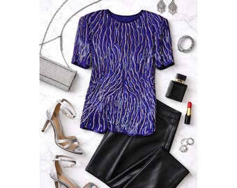 Jewel Queen Vintage koningsblauwe avondtop met kralenzijde en pailletten, korte mouw L