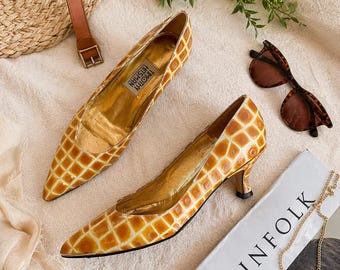 Zapatos de tacón bajo Timothy Hitsman Vintage de piel naranja con estampado a cuadros y detalles dorados, talla 7.5 N