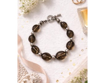 Smoky Quartz Sterling Silver 925 Beaded Toggle Bracelet Brown Stone 8.5 Inch
