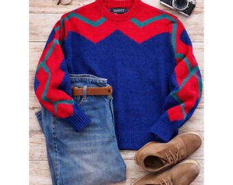 GANT VTG 100% Wool Colorblock Sweater 90s Preppy Men's Large/Women's Oversized L