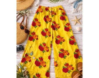 J Peterman Company Yellow Floral Rose Wide Leg Cotton Pants XS Made in India