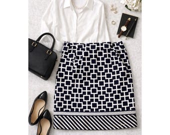 Judith Auburn Vero Beach Navy White Geometric Print Border Pencil Skirt Sz 18-20