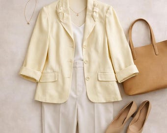 Bloomingdales Vintage Chic Bow Lapel Blazer Cream 3/4 Sleeve Button Front Jacket