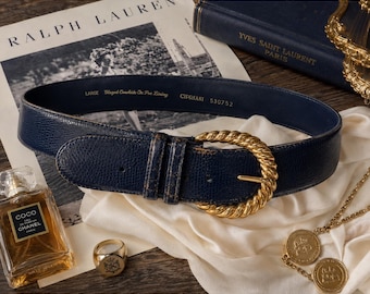 Cipriani Vintage Navy Blue Glazed Cowhide Lizard Embossed Belt Gold Buckle Large