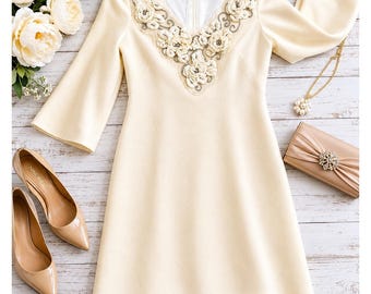 Rickie Freeman Teri Jon Ivory Floral Applique Beaded V-Neck Shift Dress Size 8