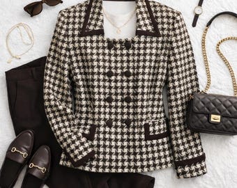 Kasper for ASL 100% Wool Houndstooth Double Breasted Blazer Women's Size 12 Y2K