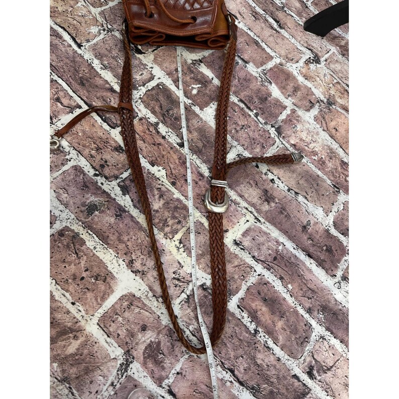 RARE Brighton geweven leren bucket bag bruine schoudertas met trekkoord Boho Y2K afbeelding 19