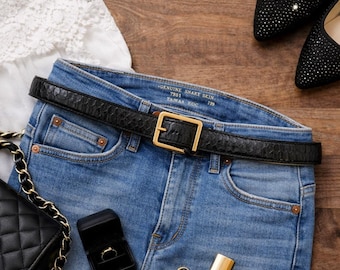 Vintage Genuine Snake Skin Belt Black Solid Brass Gold Buckle 731-1 Size 38