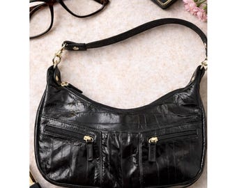 Vintage Eel Skin Leather Shoulder Bag Black Glossy Patchwork Y2K Luxe Glam Girl