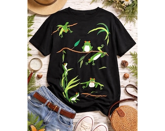 Bechamel Women's Embroidered Tree Frog VTG Shirt Black Cotton Short Sleeve Large