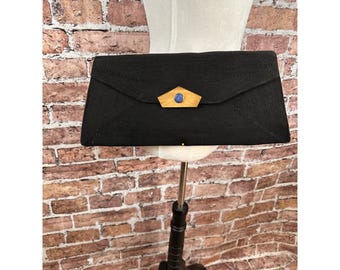 Korday Black Corde Large Envelope Clutch Brass Clasp/w Blue Enamel Hardware Glam