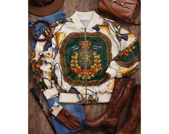 Silkworm's High Fashion Vintage Equestrian Scarf Print Bomber Jacket Green Gold