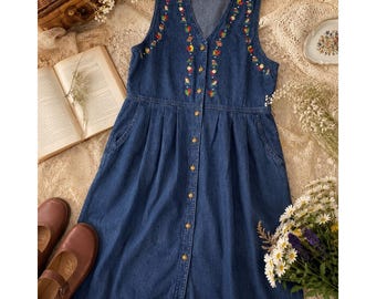 Original TY Wear Vintage Denim Christmas Embroidered Jumper Dress Blue 10P