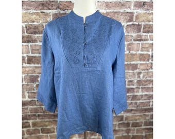 Carole Little Blue 100% Linen Embroidered Mandarin Collar Blouse Womens 14