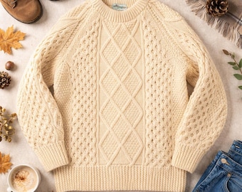 Keltic Knit Irish Aran Fisherman Sweater Oversized Wool Grandma/Grandpa Core
