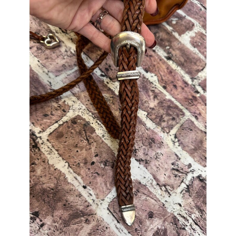 RARE Brighton geweven leren bucket bag bruine schoudertas met trekkoord Boho Y2K afbeelding 20