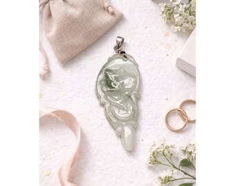 18K GP White Gold Carved Icy White Green Jadeite Jade Dragon Ruyi Pendant 4.5cm