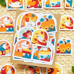 Pack d'autocollants d'automne | Pack d'autocollants mignons scènes d'automne | Stickers de journal d'automne | Stickers déco citrouilles et lecture | Cadeau d'automne pour les amoureux