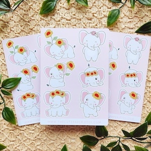 Foglio di adesivi con elefanti floreali ~ adesivi con elefanti floreali per agenda, agenda o diario ~ adesivi di carta primaverili ~ adesivi con animali tagliati a bacio