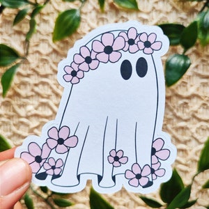 Pegatina de fantasma floral / Pegatina de fantasma lindo / Pegatina troquelada de lectura / Decoración de Halloween / Pegatina fácil de despegar / Pegatina espeluznante para diario