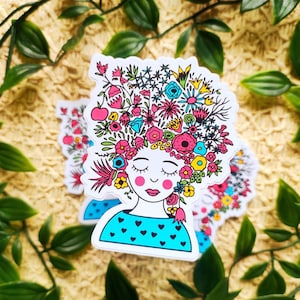 Sticker floral fille cheveux | Sticker mat floral fille cheveux | Sticker découpé pour journalisation | Sticker décoratif | Stickers pour agendas faciles à décoller