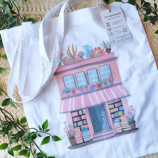 100% Cotton Tote Bag | Eco-friendly Shopping Bag | Reusable Cotton Bag | Floral Book Shop Tote Bag | Illustrated Tote Bag | TheCutePaper