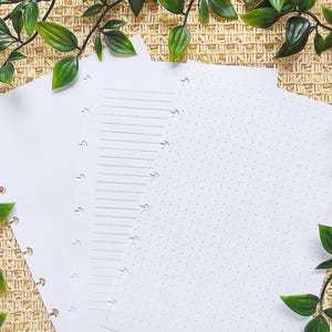 Könnte beinhalten: Weißes Planerpapier mit Punkt- und linierten Seiten. Das Papier ist für die Bindung vorgelocht. Grüne, belaubte Ranken umrahmen das Papier vor einem gewebten Hintergrund.