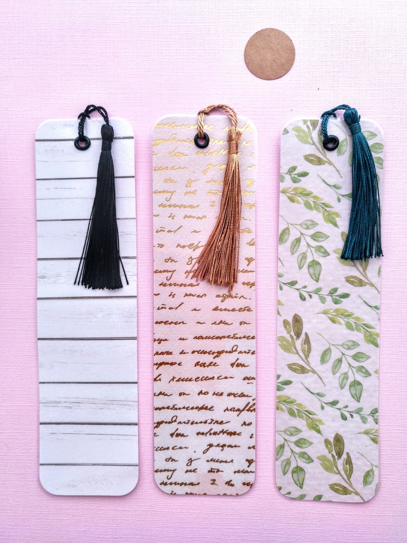 Set of 3 fall laminated bookmarks with silky tassel & gold Etsy
