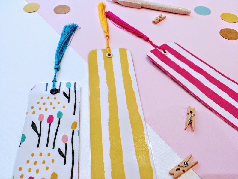 Set of 3 assorted laminated bookmarks with silky tassel Etsy