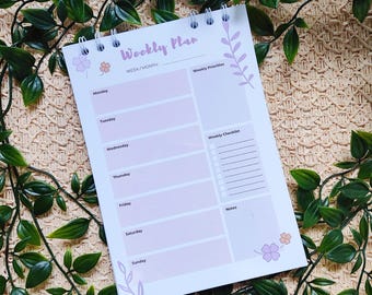 Minimalistische weekplanner zonder datum | Personaliseerbaar weekplannerblok | Lavendelkleurige spiraalgebonden weekplanner zonder datum | A5 bureau-weekplanner