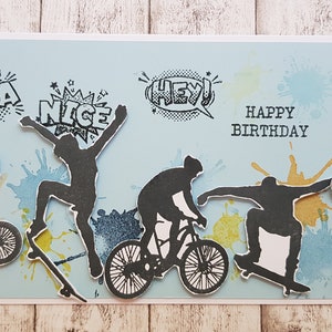 Geburtstagskarte,  Glückwunschkarte zum Geburtstag, Geburtstag, Biker, Skater, Jugendliche, Teenager, Mountainbike, Skateboard, Fahrrad,