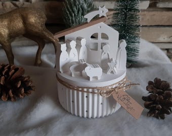 Krippe mit Lichtdose, Weihnachtsdekoration, Minikrippe auf Geschenkdose, Adventsdeko, Wichtelgeschenk, kleines Mitbringsel, Weihnachtskrippe