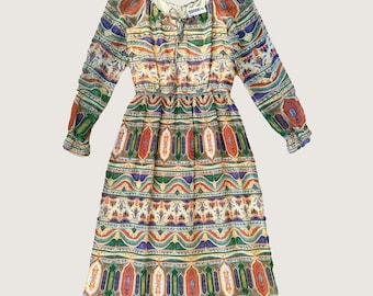 Early 1970s Dalani II Plisse Midi Dress Green Sheer Sleeve Size 10