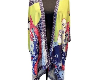Cocoon House 100% Silk Kimono Robe NWOT Boho Art Print OS Lightweight Layer