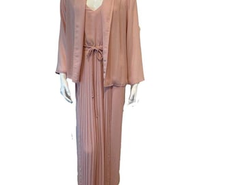 Vintage 70s Pink Maxi Dress Set Boho Chiffon Two Piece Dress Jacket
