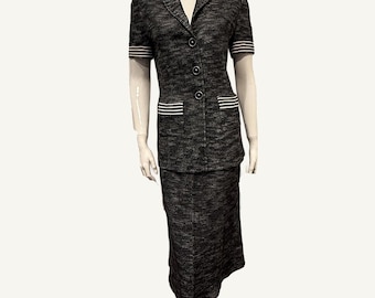 Late 1980s St John Collection Knit Skirt Suit Black White Trim Size 6