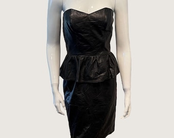 Late 1980s Bermans Black Leather Strapless Dress Peplum Size 8