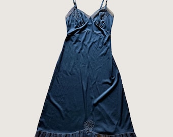 1950s Mojud Black Nylon Tricot Slip Mesh Ruffle Rose Appliqué 32