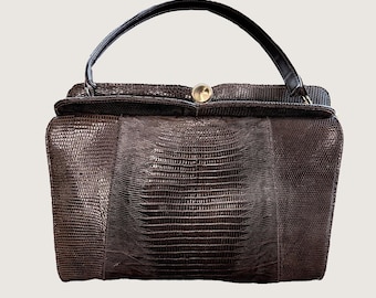 1950s Brown Lizard Skin Handbag Structured Top Handle Gold Clasp