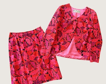 Late 1970s Young Edwardian Arpeja Pink Floral Skirt Suit Cotton Set