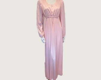 Late 1970s Lane Bryant Pink Nylon Peignoir Set Maxi Slip Robe Tall M L