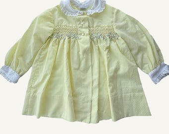1950s Polly Flinders Hand Smocked Yellow Dress w Overdress Polka Dot 4T RARE
