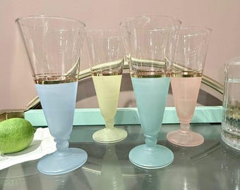 Vintage Optic Ice Tea Pilsner MCM Flutes Frosted Pastel Stems Gold Band Glasses