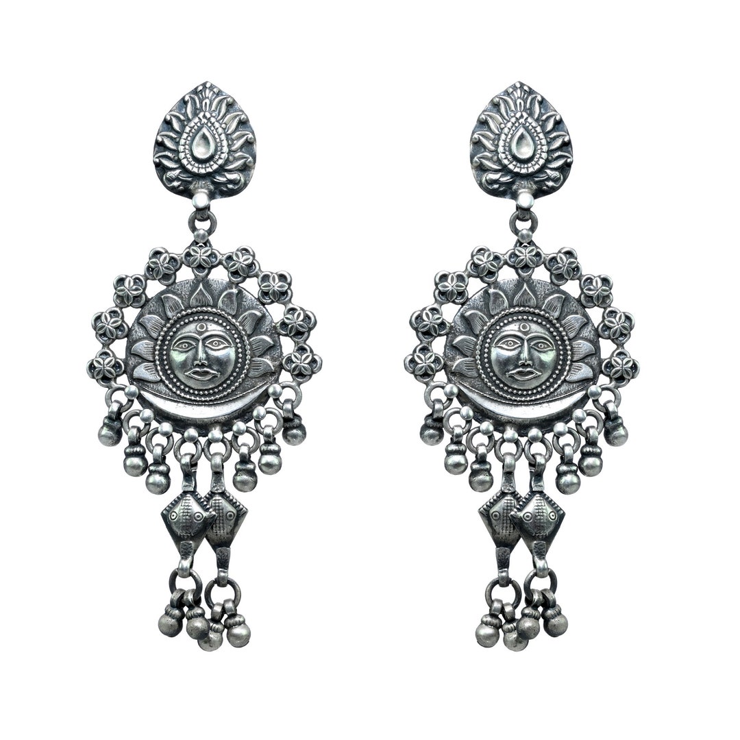 Indian Earrings 925 Pure Silver Earrings Sun Faced Vintage Etsy